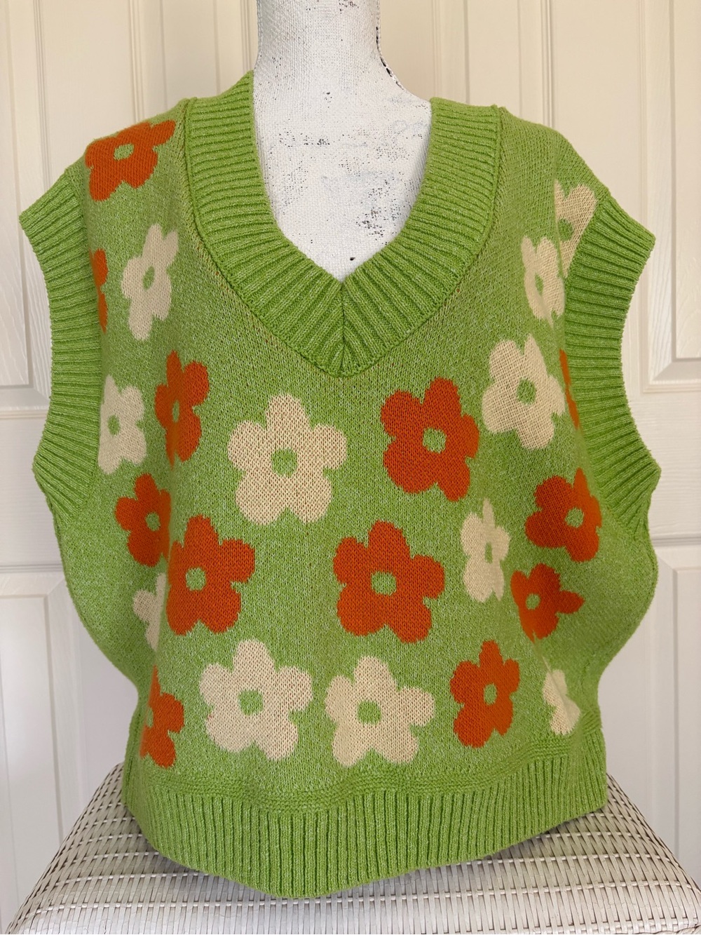 Zara Lime Green Floral V-Neck Sweater Vest with Orange and Cream Flowers